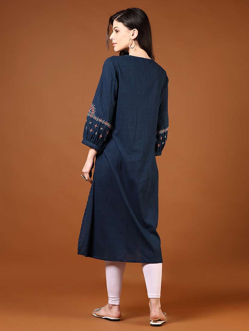 Women Navy Blue Three Quarter Sleeve A Line Kurta