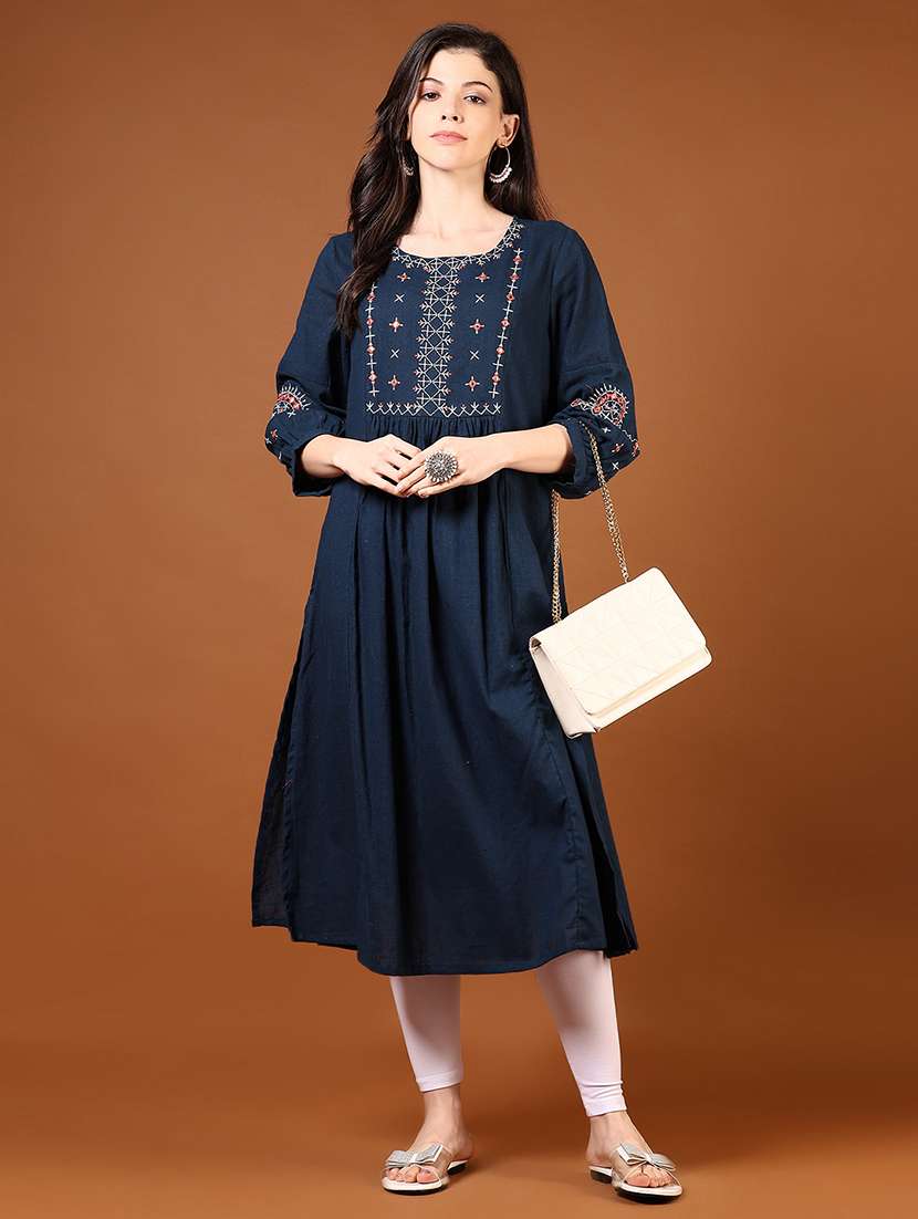 Women Navy Blue Three Quarter Sleeve A Line Kurta
