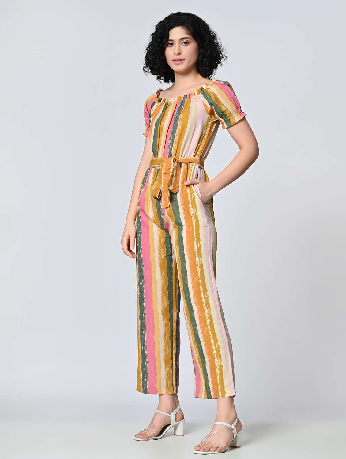 Women Striped Puff Sleeves Full Length Jumpsuit