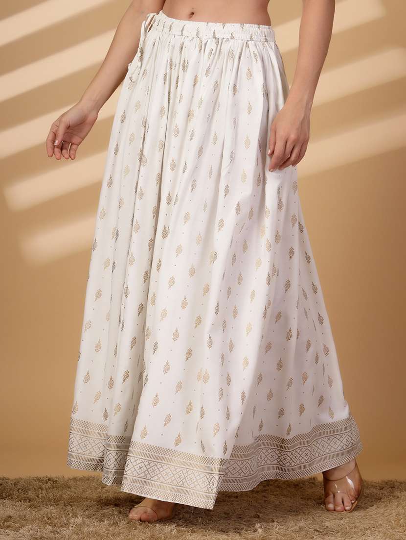 Women Foil Print High Rise Flared Skirt