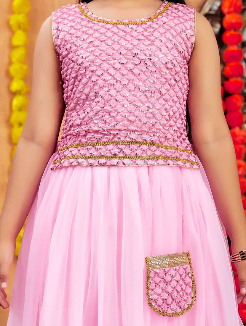 Girls Sequin Work Lehenga Choli Set With Attached Bag 