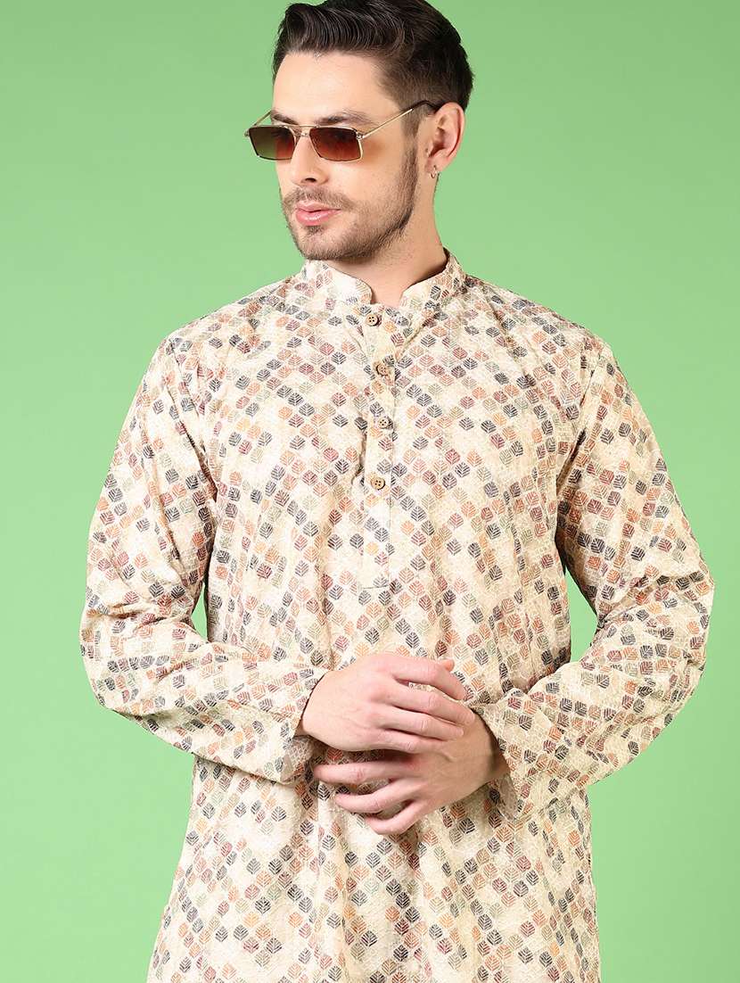 Men Printed Mandarin Neck Kurta Churidar Ethnic Wear Set