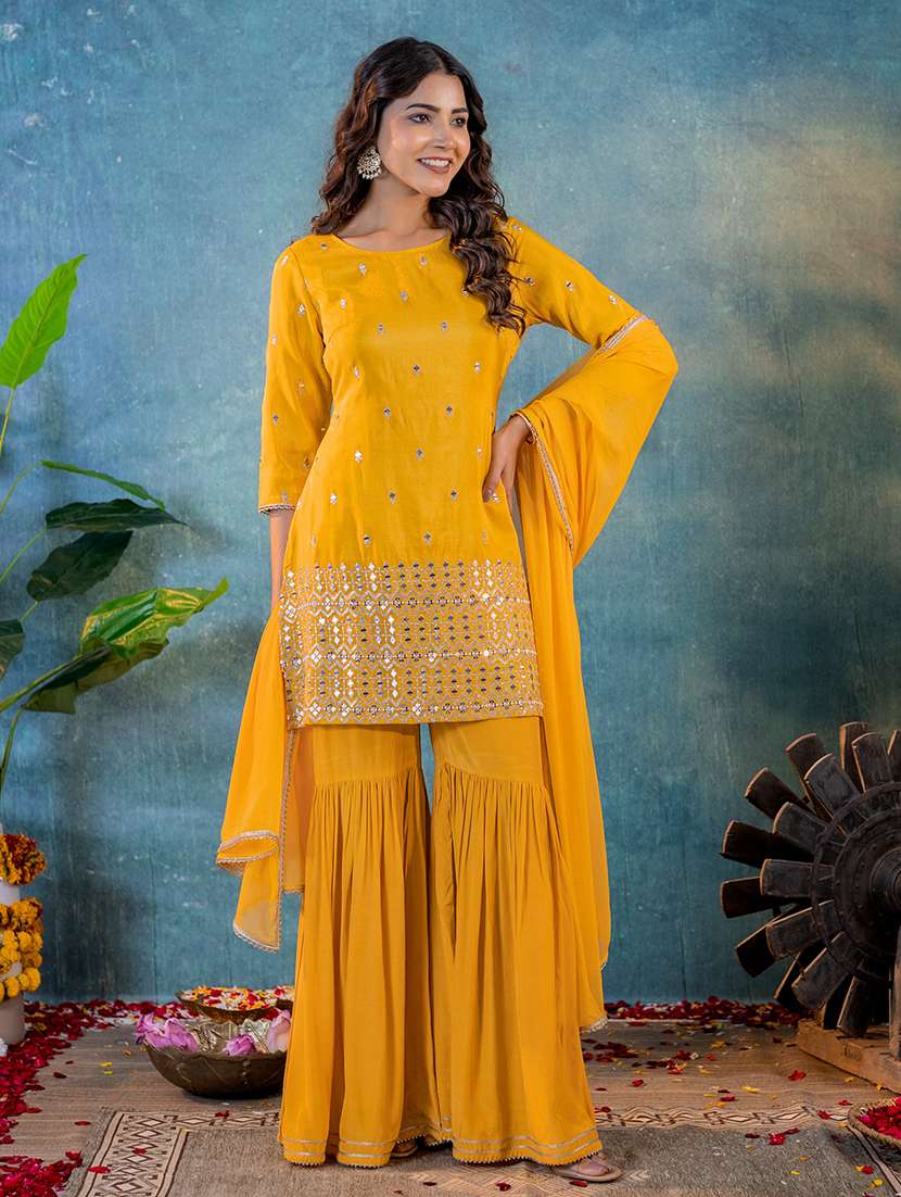 Women Mustard Round Neck Kurta Sharara Set