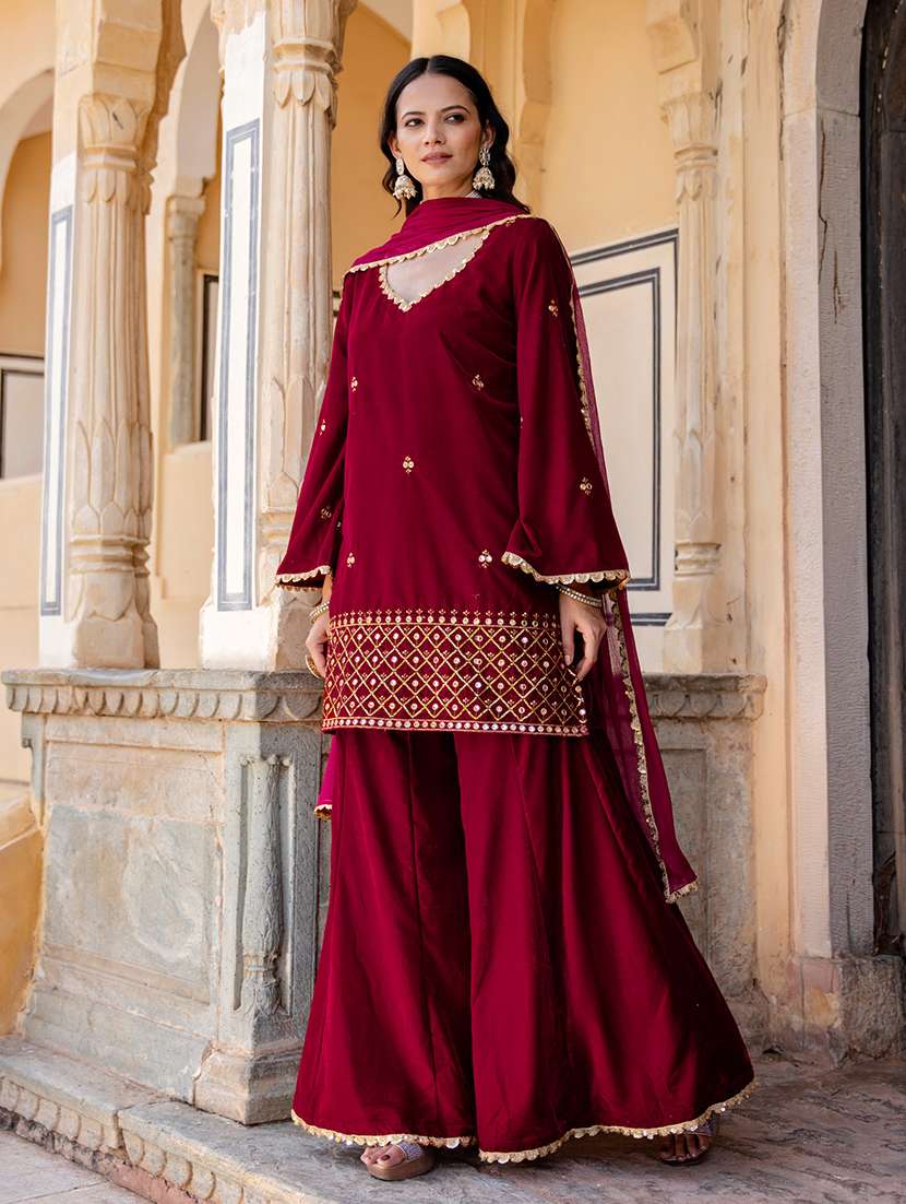 Women Burgundy Flared Sleeve Kurta Sharara Set