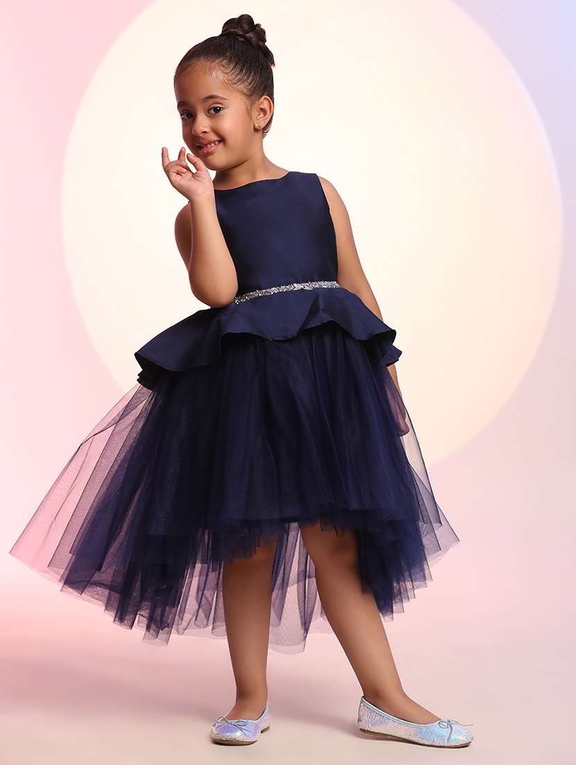 Girls Solid Sleeveless High Low Frock