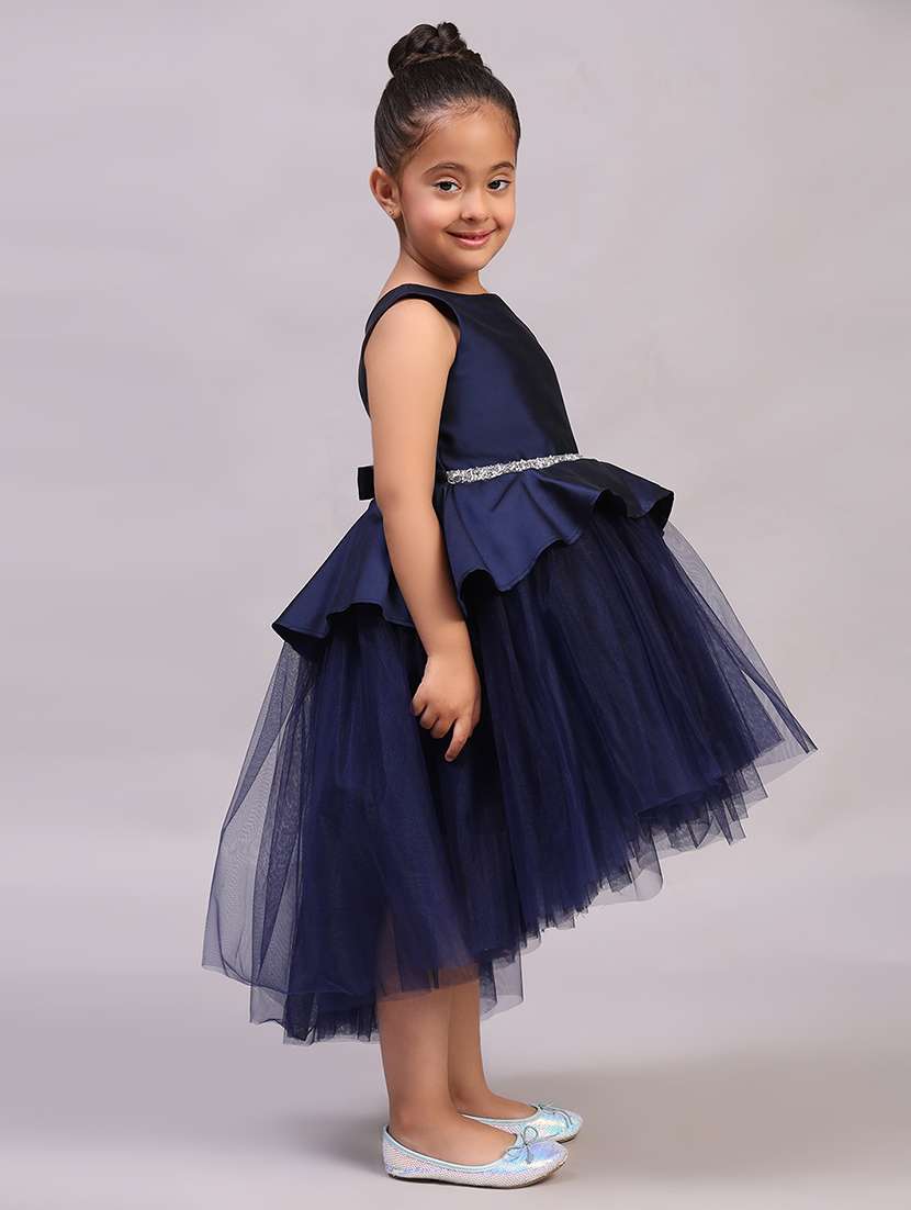 Girls Solid Sleeveless High Low Frock