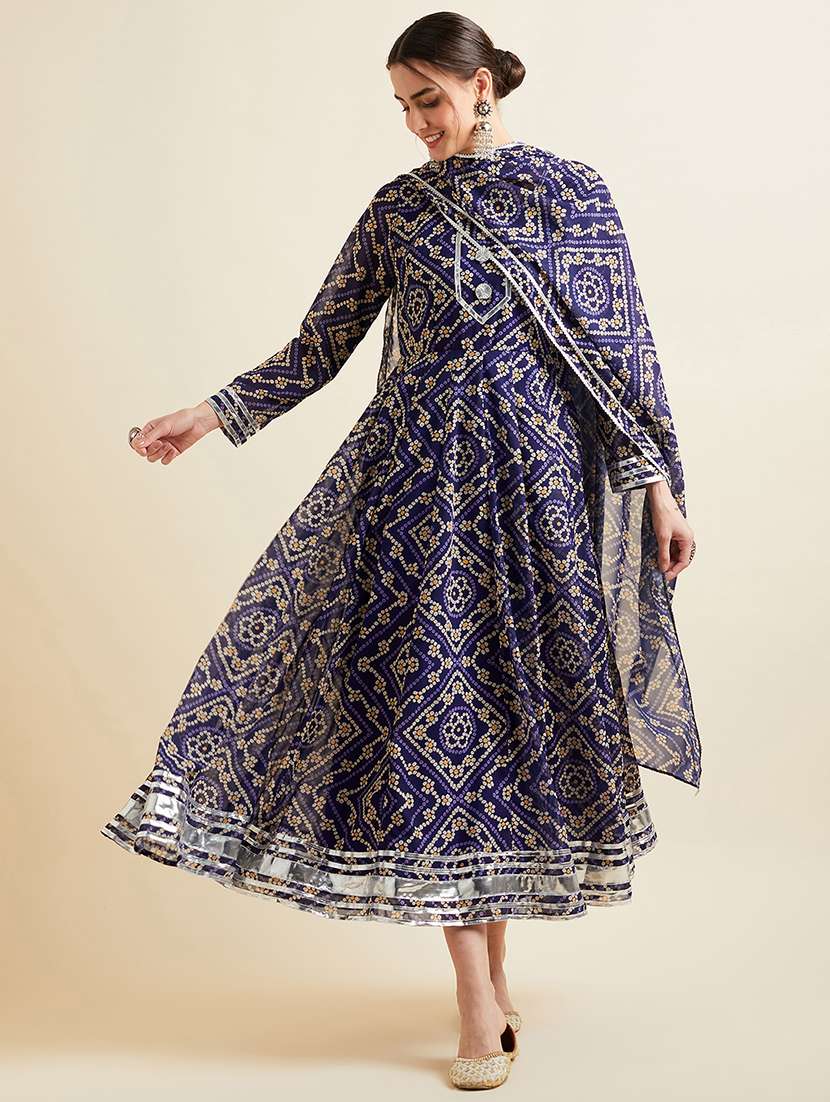 Women Navy Blue Printed Round Neck Kurta Dupatta Set
