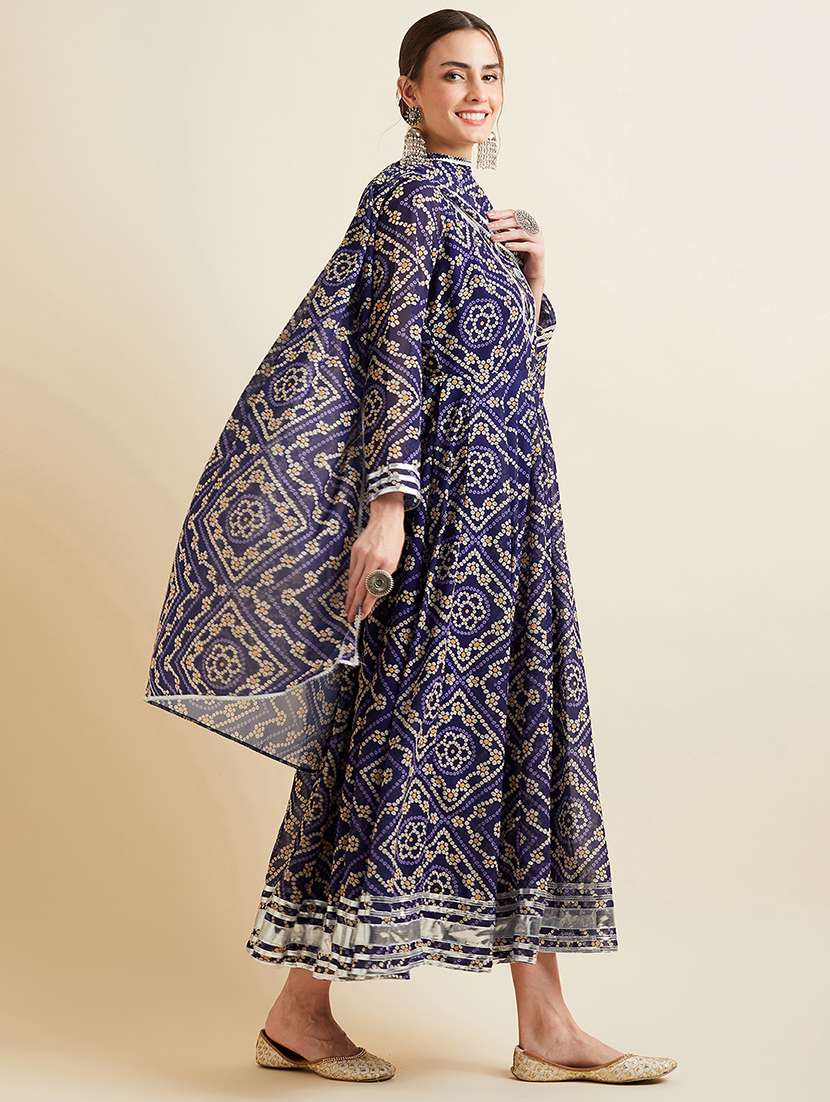 Women Navy Blue Printed Round Neck Kurta Dupatta Set