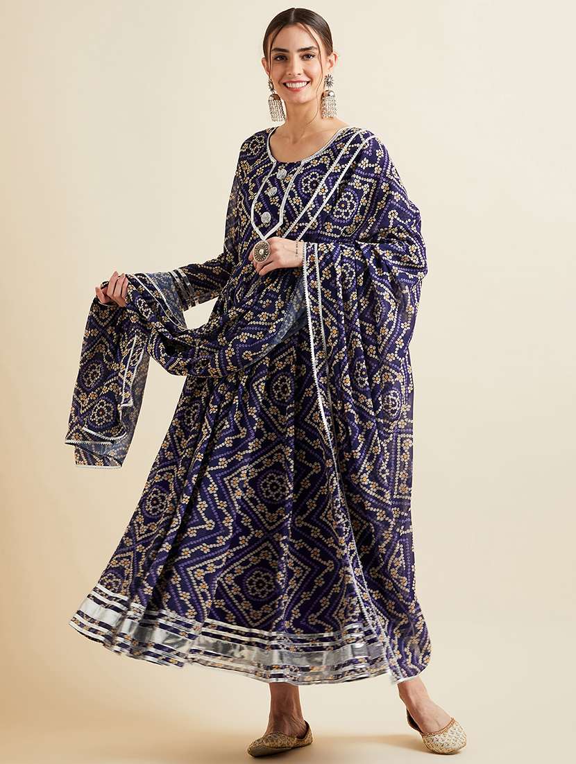 Women Navy Blue Printed Round Neck Kurta Dupatta Set