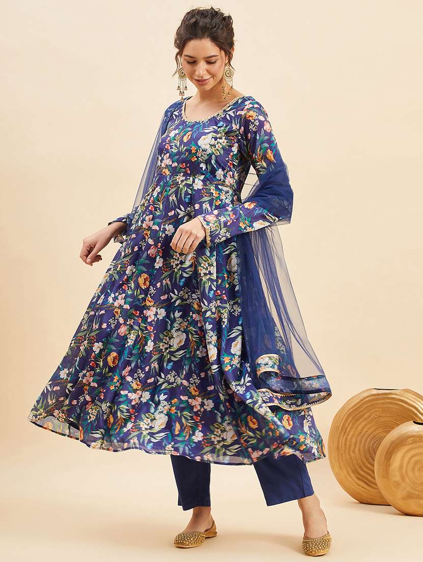 Women Navy Blue Long Sleeve Anarkali Kurta Pant With Dupatta Set 
