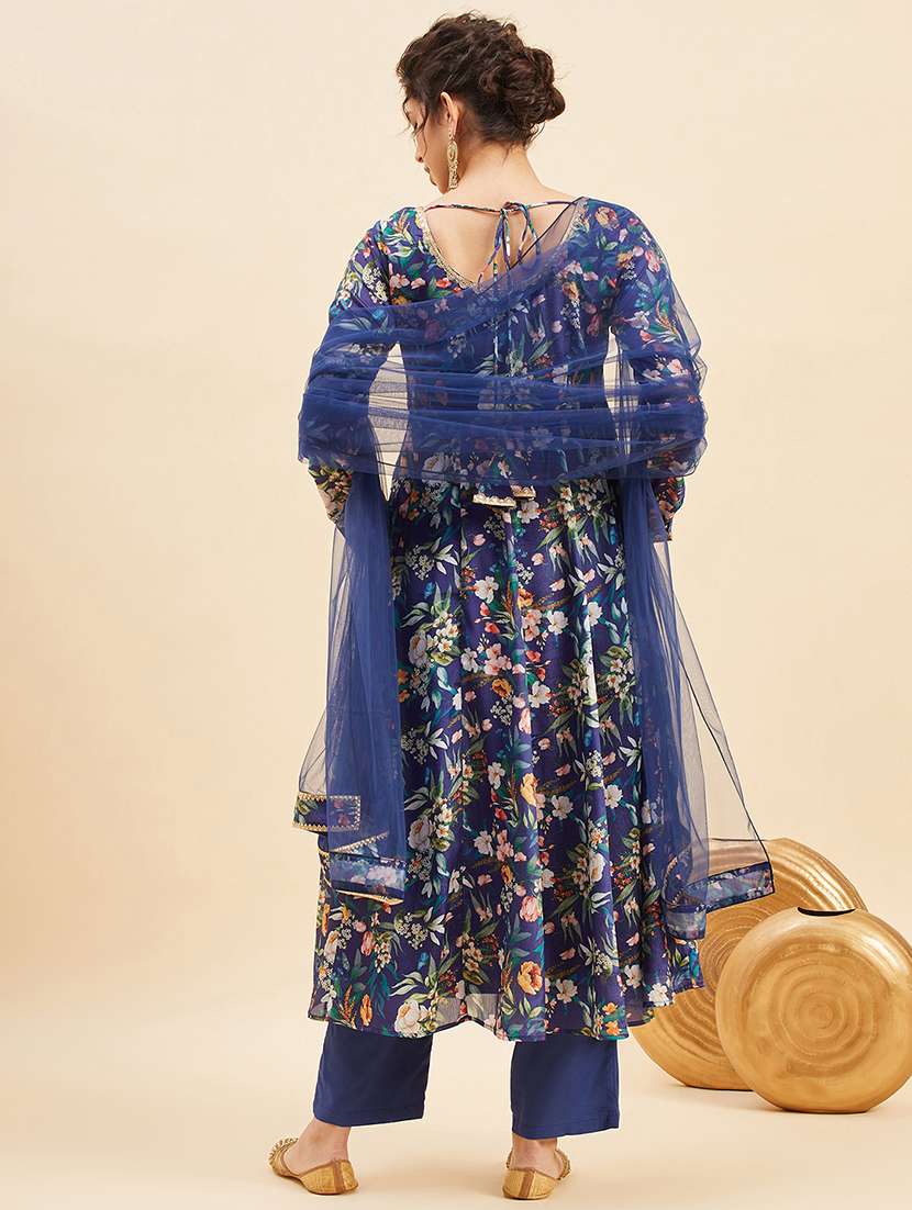 Women Navy Blue Long Sleeve Anarkali Kurta Pant With Dupatta Set 