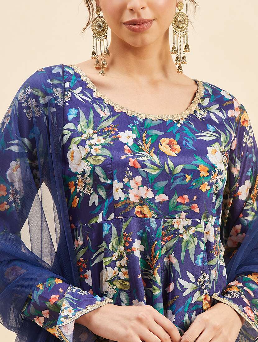 Women Navy Blue Long Sleeve Anarkali Kurta Pant With Dupatta Set 