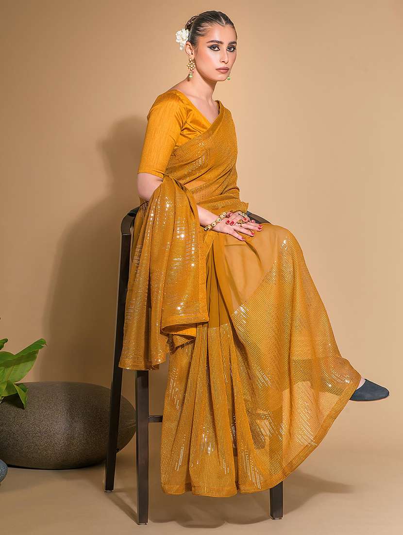 Women Mustard Sequined Embellished Saree With Blouse