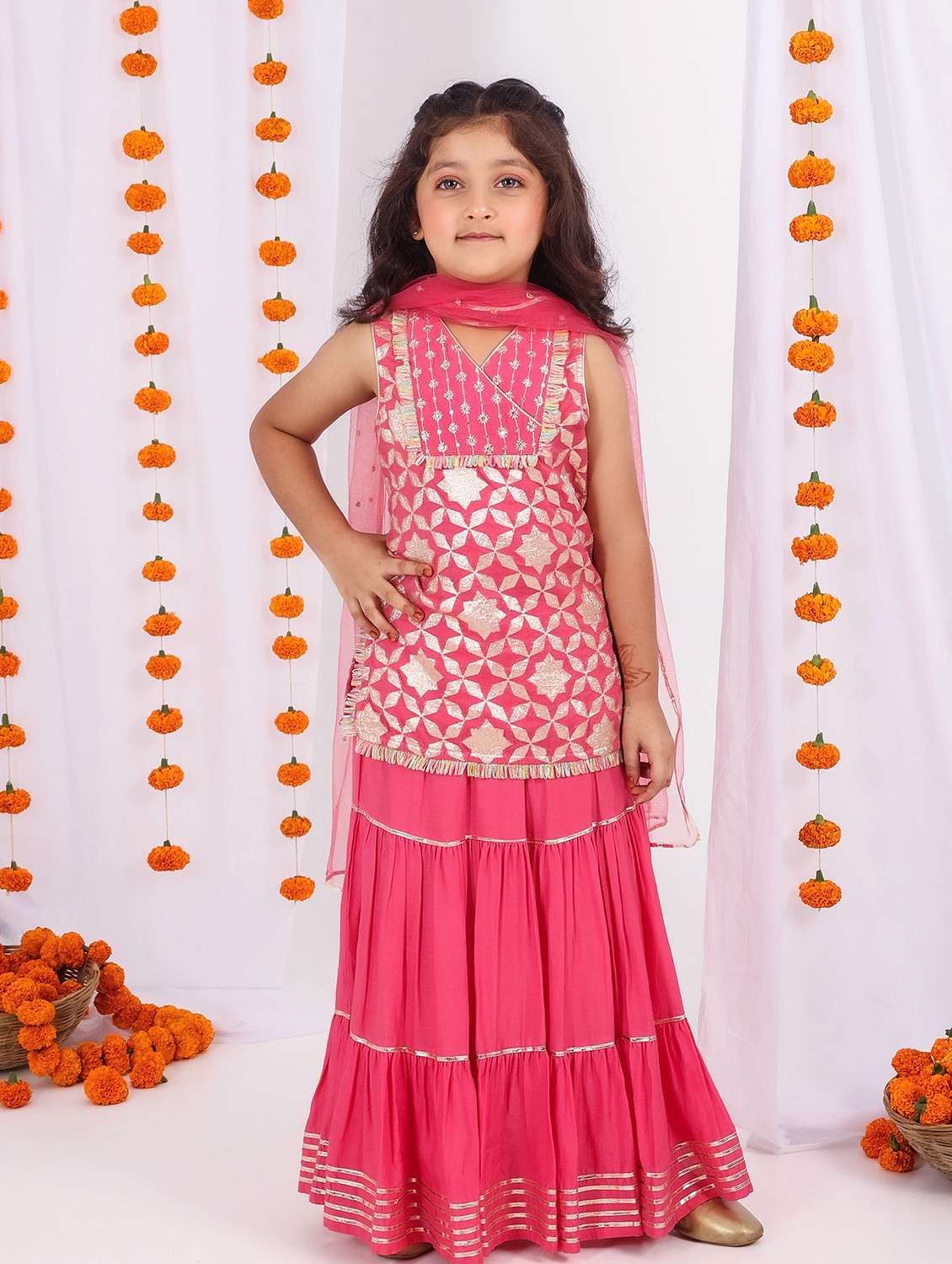 Girls Pink Self Design Lehenga Choli With Dupatta