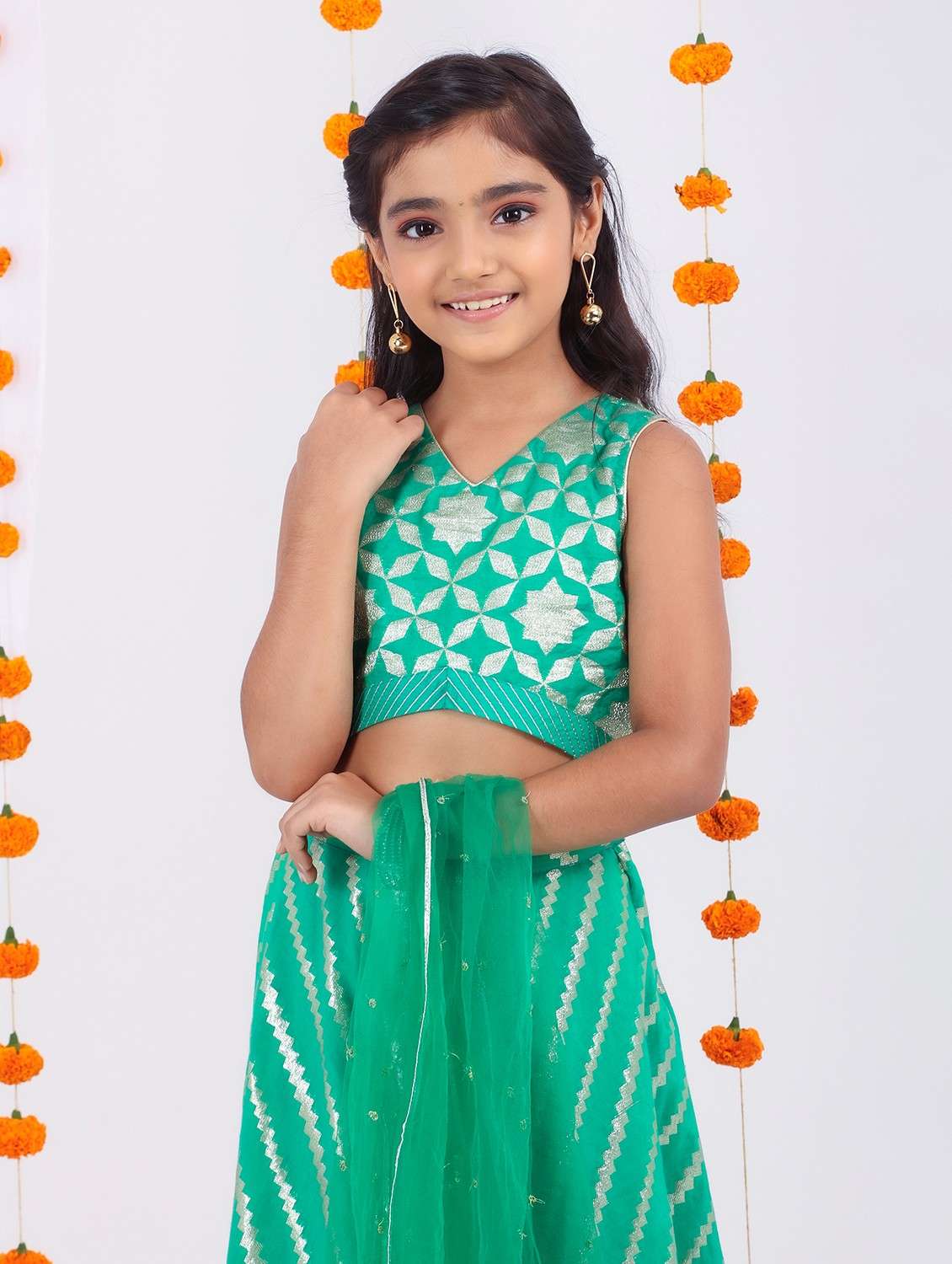 Girls Green Self Design Lehenga Choli With Dupatta