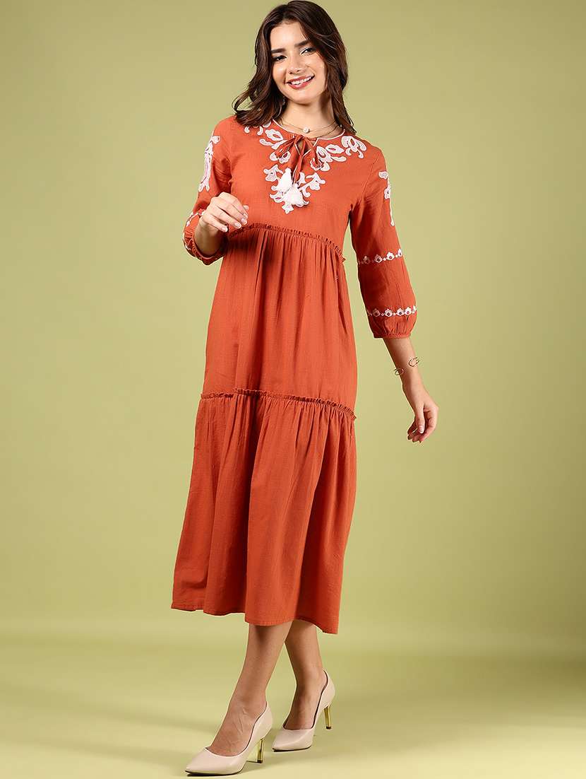 Women Embroidered Tie Up Neck Tiered Dress