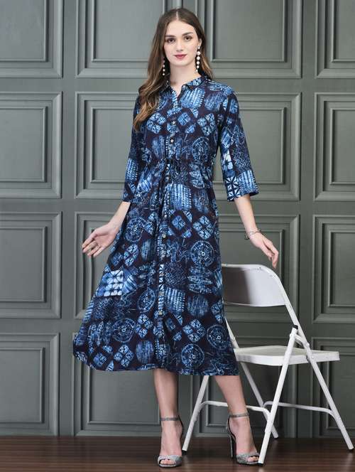 Women Navy Blue Tie & Dye Printed Shirt Collar Ethnic Dress