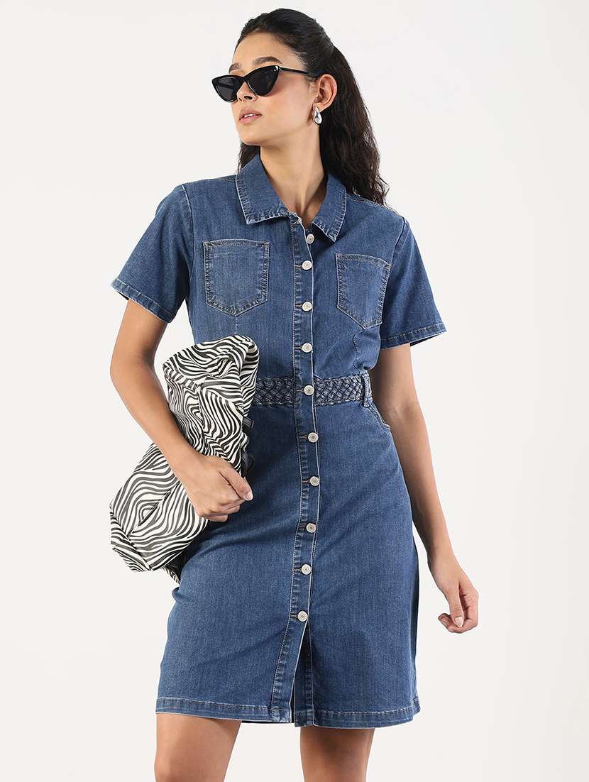 Women Solid Collared Denim Shirt Dress