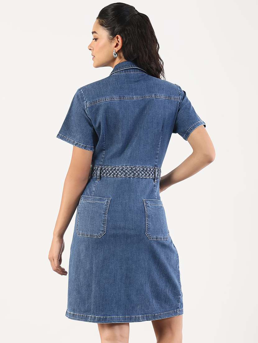 Women Solid Collared Denim Shirt Dress