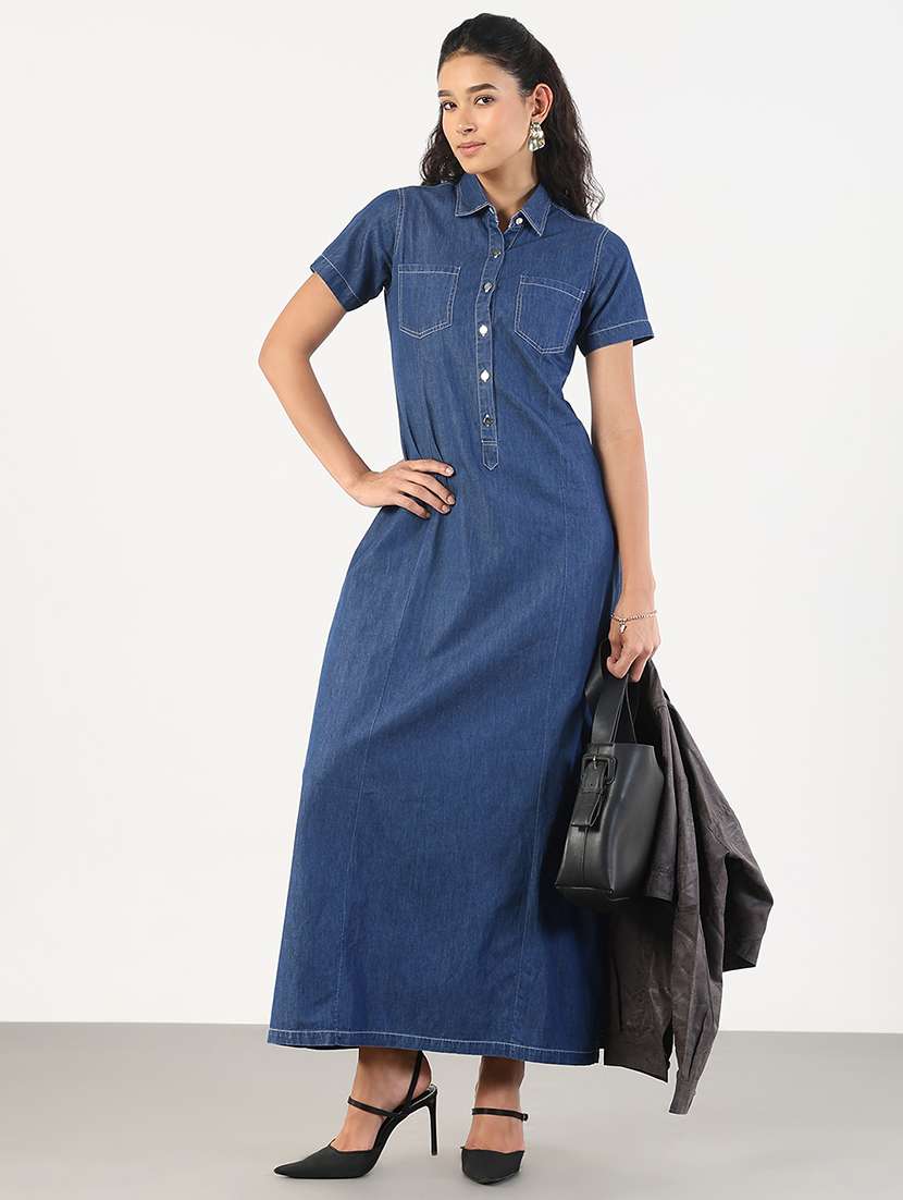 Women Solid Collared Denim A Line Dress