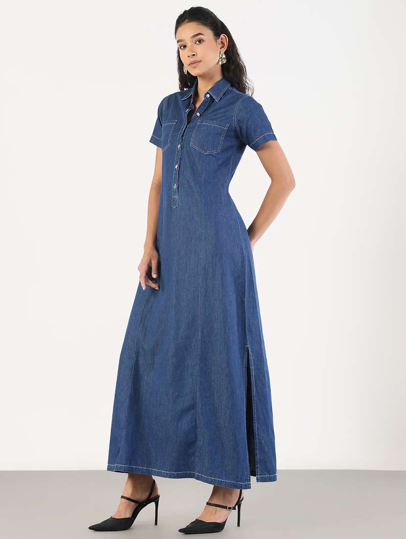 Women Solid Collared Denim A Line Dress