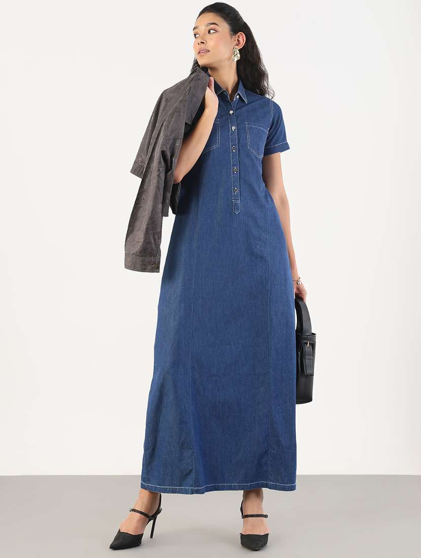 Women Solid Collared Denim A Line Dress