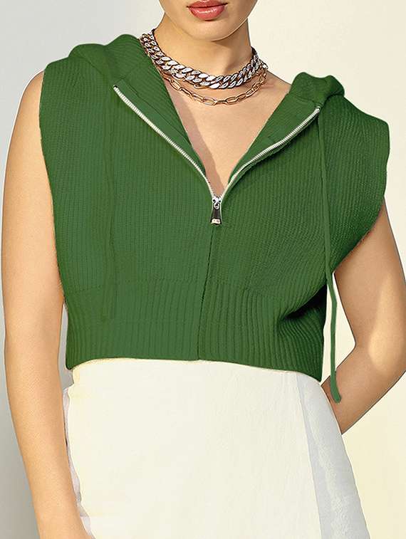Women Solid Sleeveless Hooded Crop Cardigan