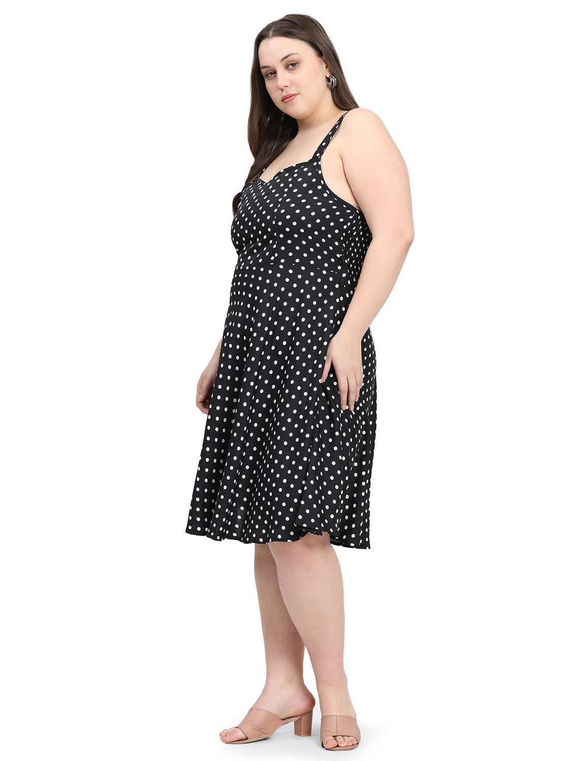 Women Plus Size Polka Doted Shoulder Strap Dress