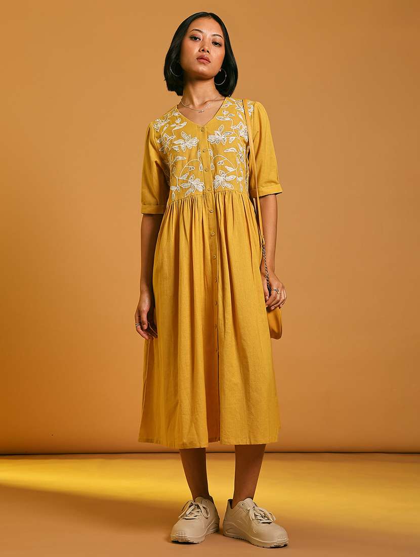 Women Embroidered Elbow Sleeve A Line Ethnic Dress