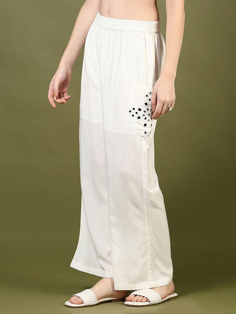 Women Off White Mirror Work Mid Rise Palazzo