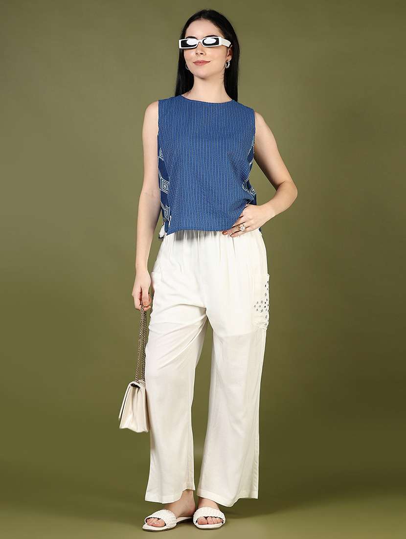 Women Off White Mirror Work Mid Rise Palazzo