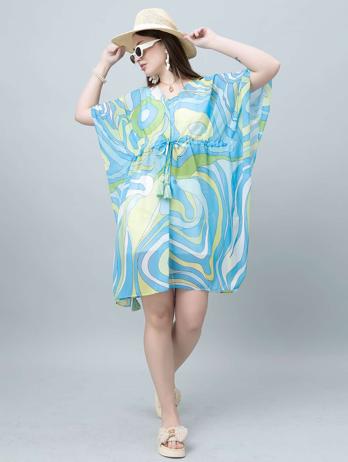 Women Printed Kimono Sleeves Kaftan Dress