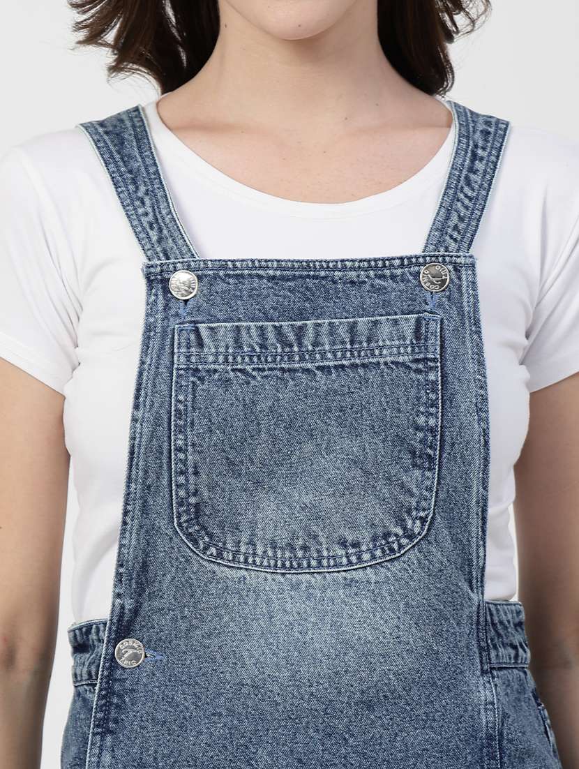 Women Solid Denim Dungaree Dress