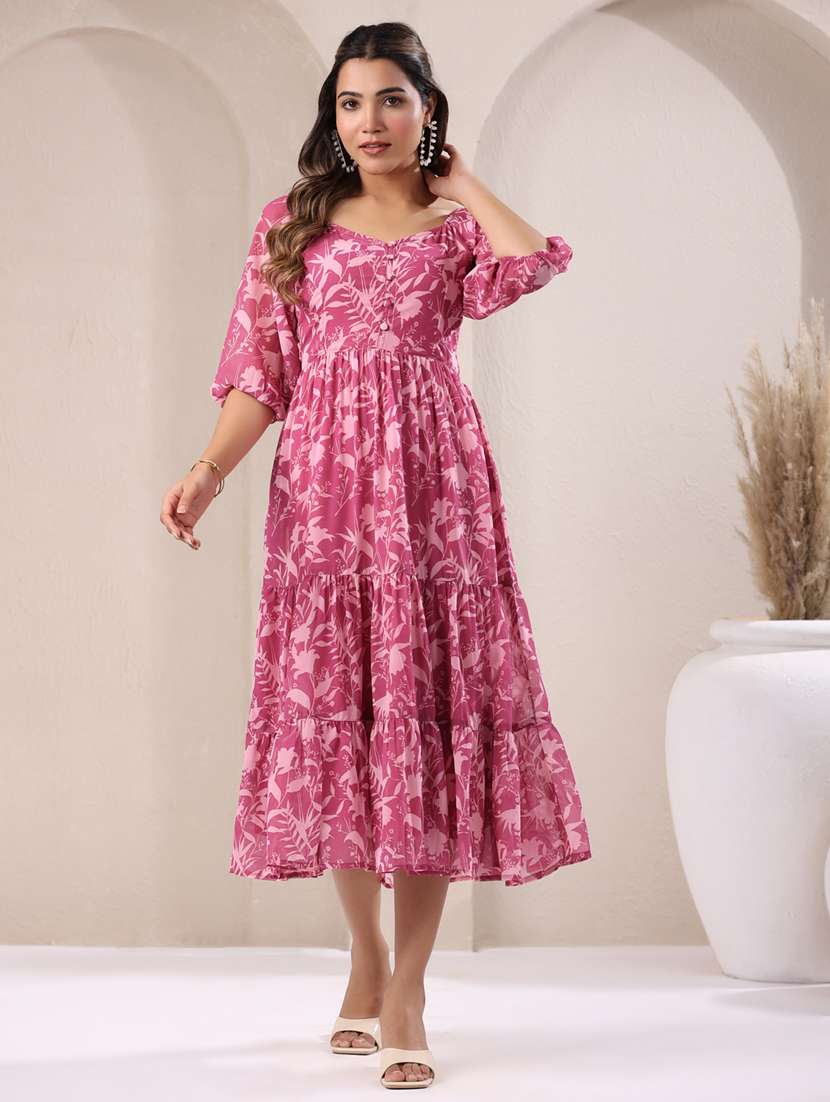 Women Floral Printed Puff Sleeves Tiered Dress 