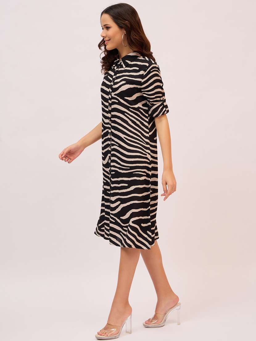 Women Animal Printed Roll Up Sleeves Shirt Dress