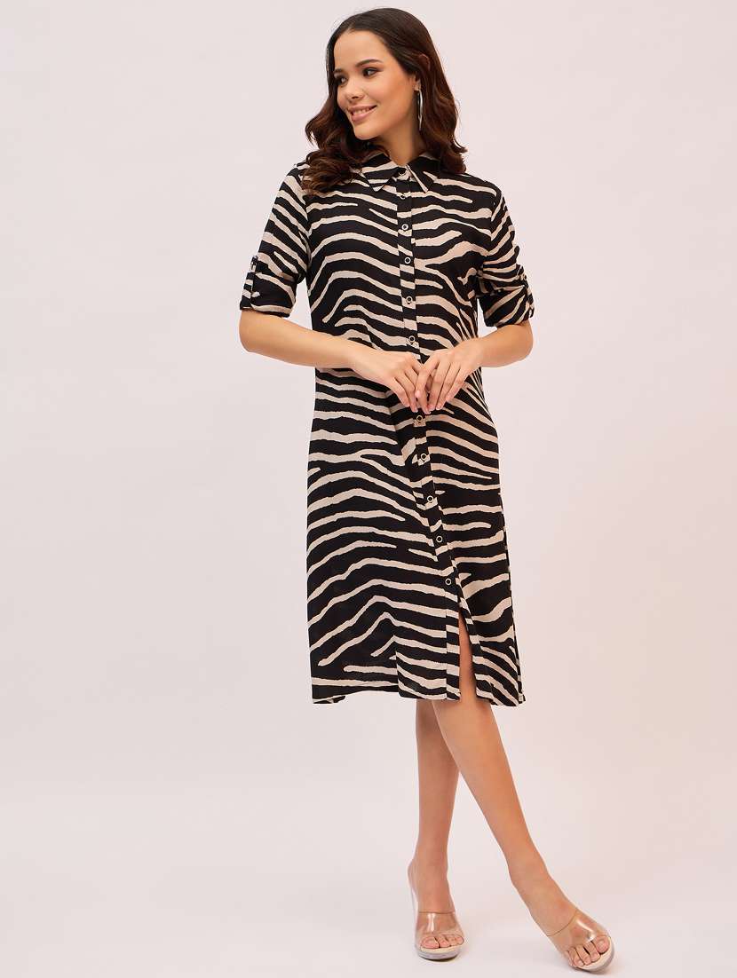 Women Animal Printed Roll Up Sleeves Shirt Dress