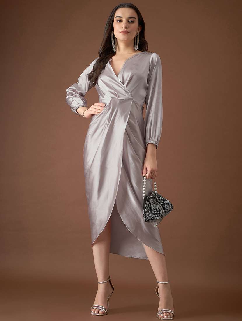 Women Solid Puff Sleeves Wrap Dress