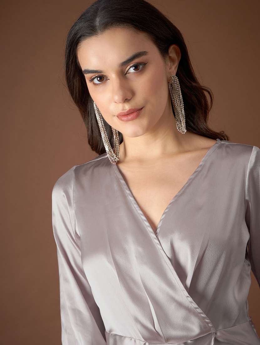 Women Solid Puff Sleeves Wrap Dress