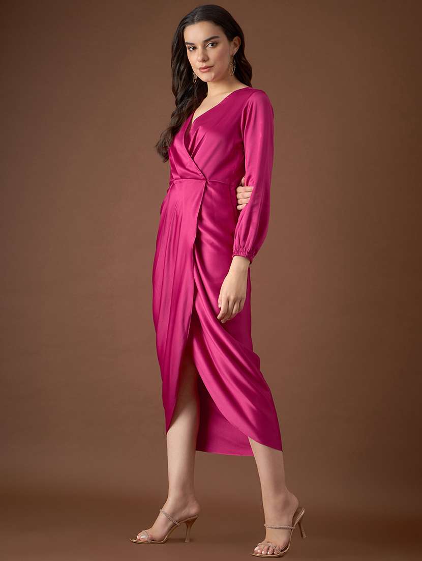 Women Solid Puff Sleeves Wrap Dress