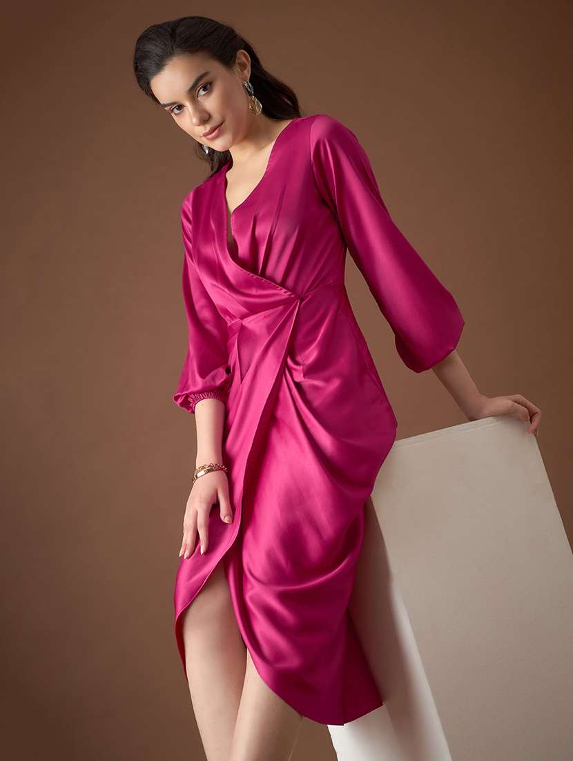 Women Solid Puff Sleeves Wrap Dress