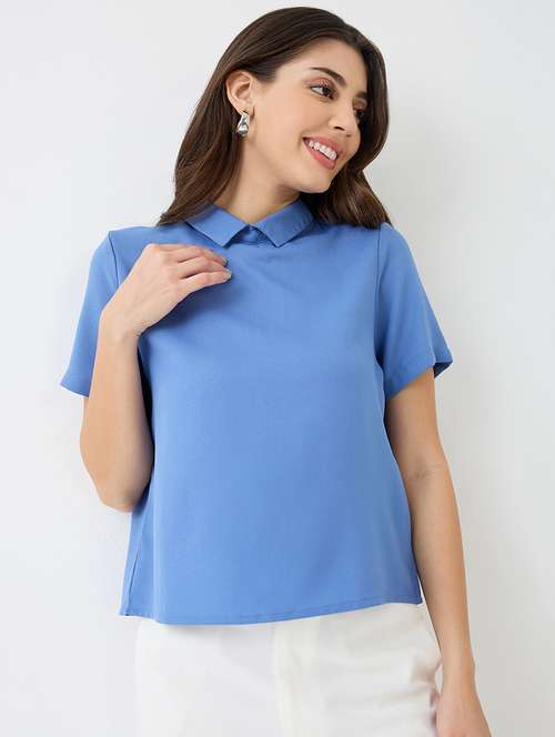 Women Blue Short Sleeves Collared Neck Back Button Shirt Style Workwear Top