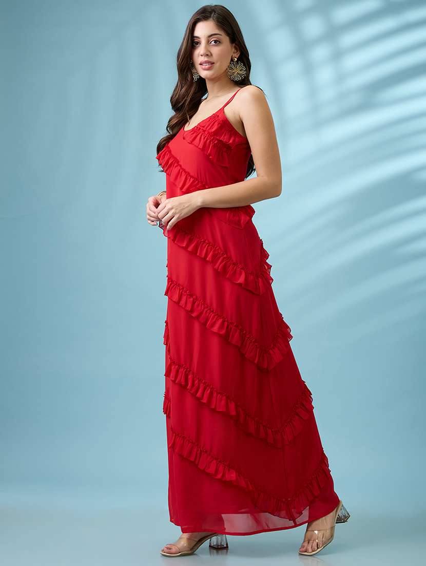 Women Red Scoop Neck Strappy Sleeves Ruffle Detail Georgette A Line Maxi Party Dress