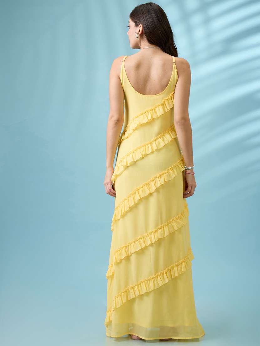 Women Yellow Scoop Neck Strappy Sleeves Ruffle Detail Georgette A Line Maxi Party Dress