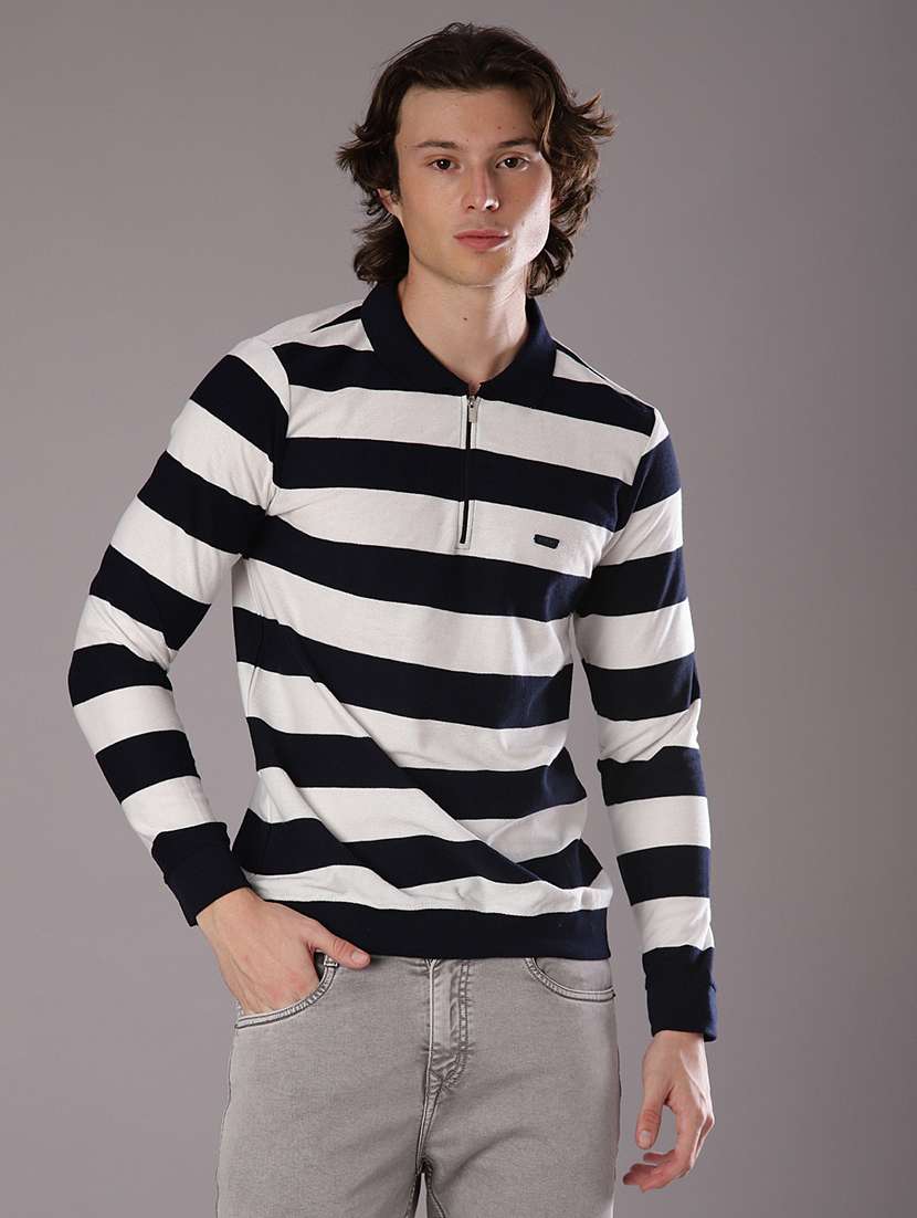 Men Striped Long Sleeve Regular Fit Polo T Shirt