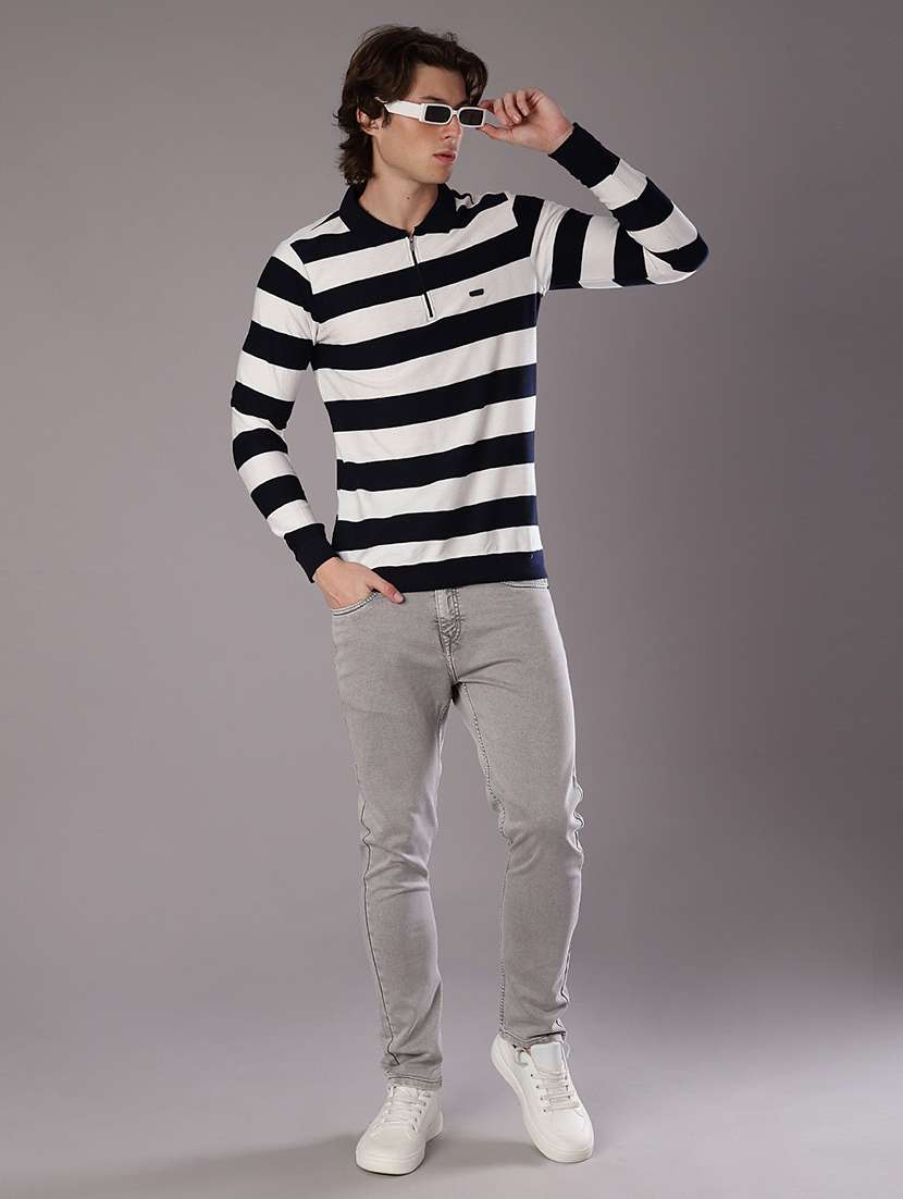 Men Striped Long Sleeve Regular Fit Polo T Shirt