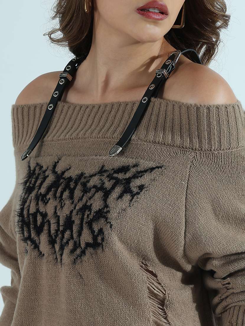 Wome Printed Off Shoulder Ripped Pullover