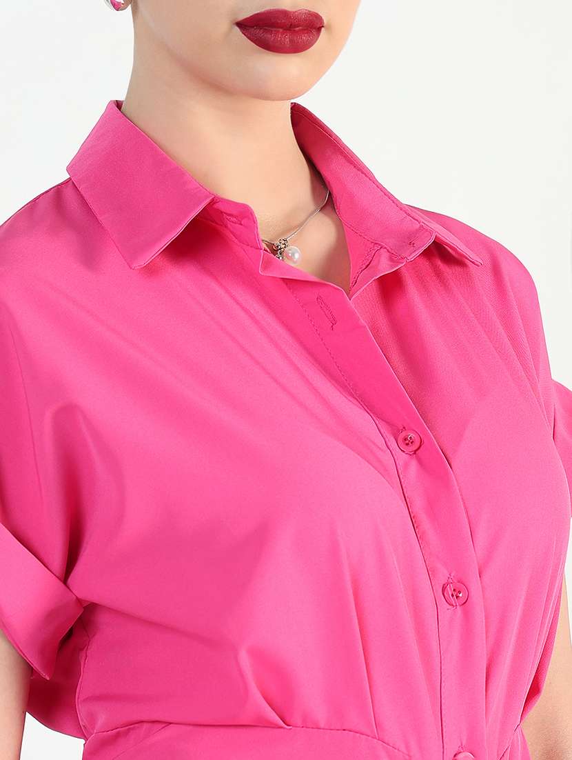 Women Pink Solid Collared Shirt Dress