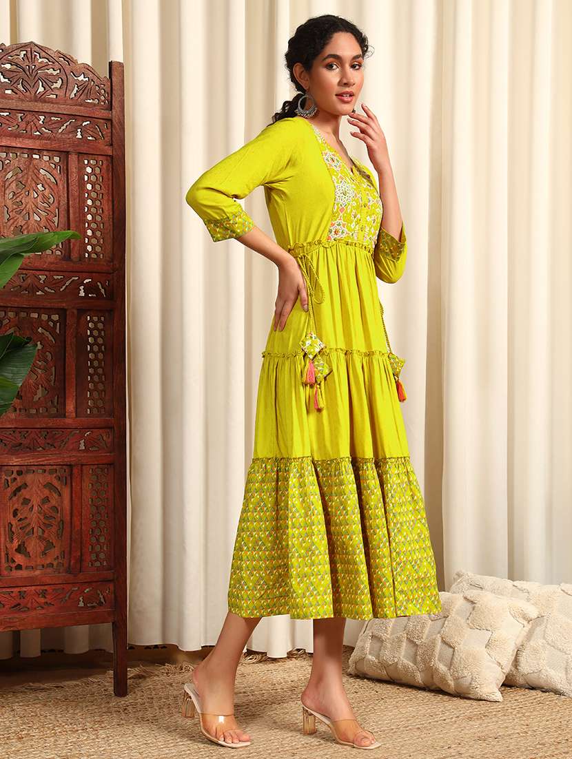 Women Three Quarter Sleeve Tiered Ethnic Dress