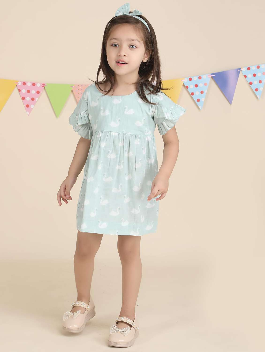 Kids Neo Mint Printed Round Neck Frock