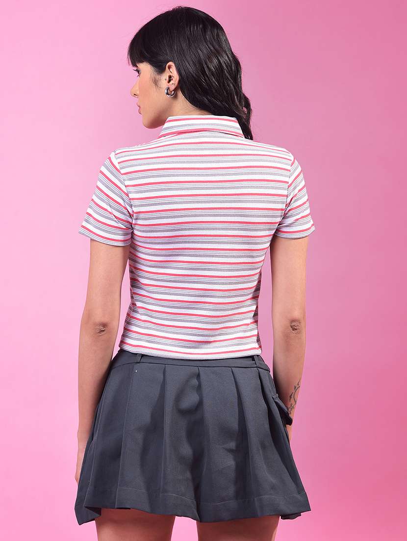 Women Striped Sleeveless Regular Fit Polo T Shirt